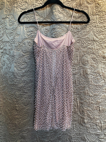 Pink/Mauve Pearl Embellished Mini Dress - Spaghetti Straps, Faux Pearl Lattice - Glam Cocktail Party - XS