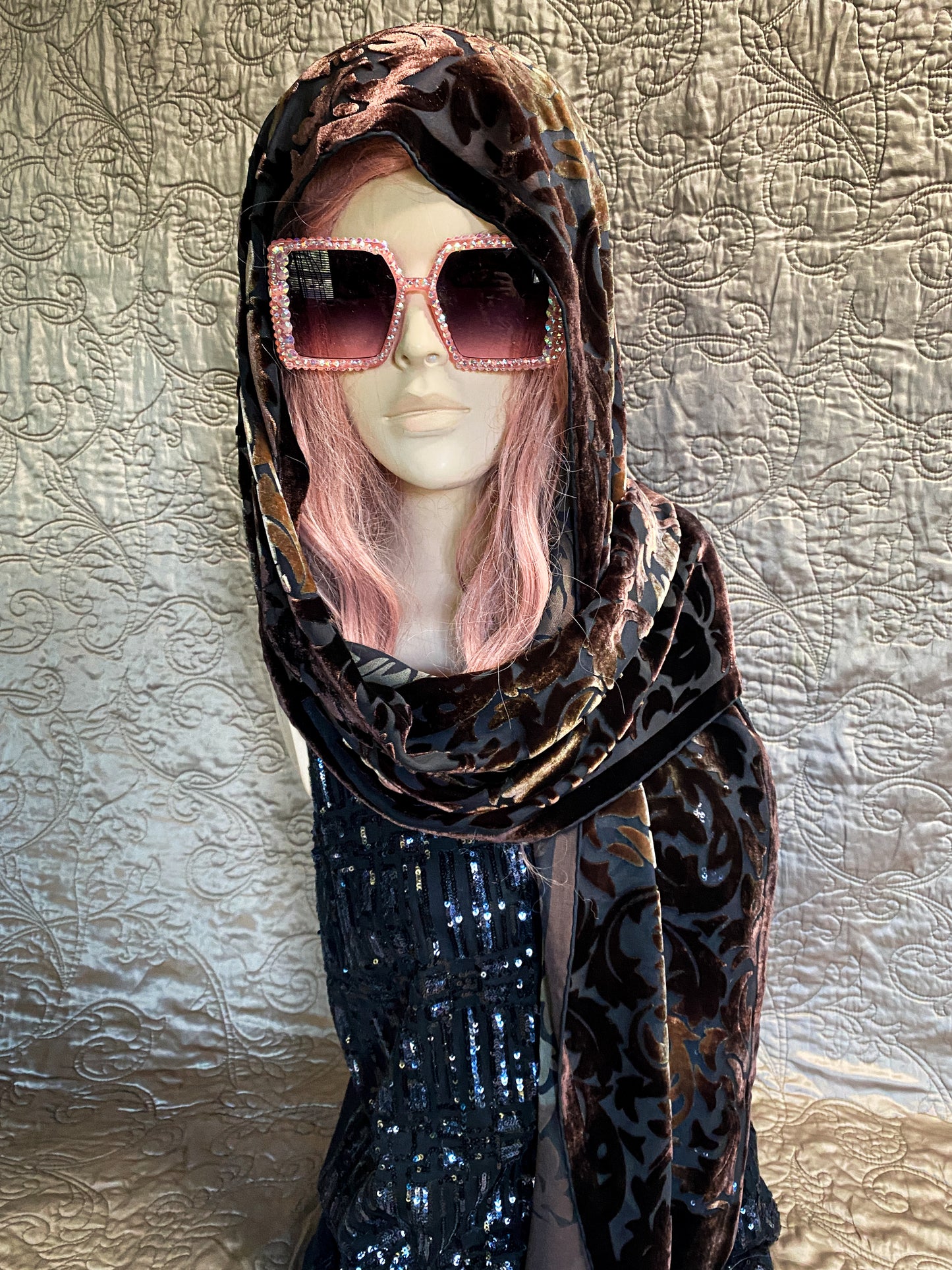 Brown Floral Velvet Scarf - Sheer Silk Bohemian Style Shawl