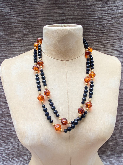 Vintage Long Amber And Black Bead Necklace, Retro Style Layering Strand, Gold Tone Metal Accents