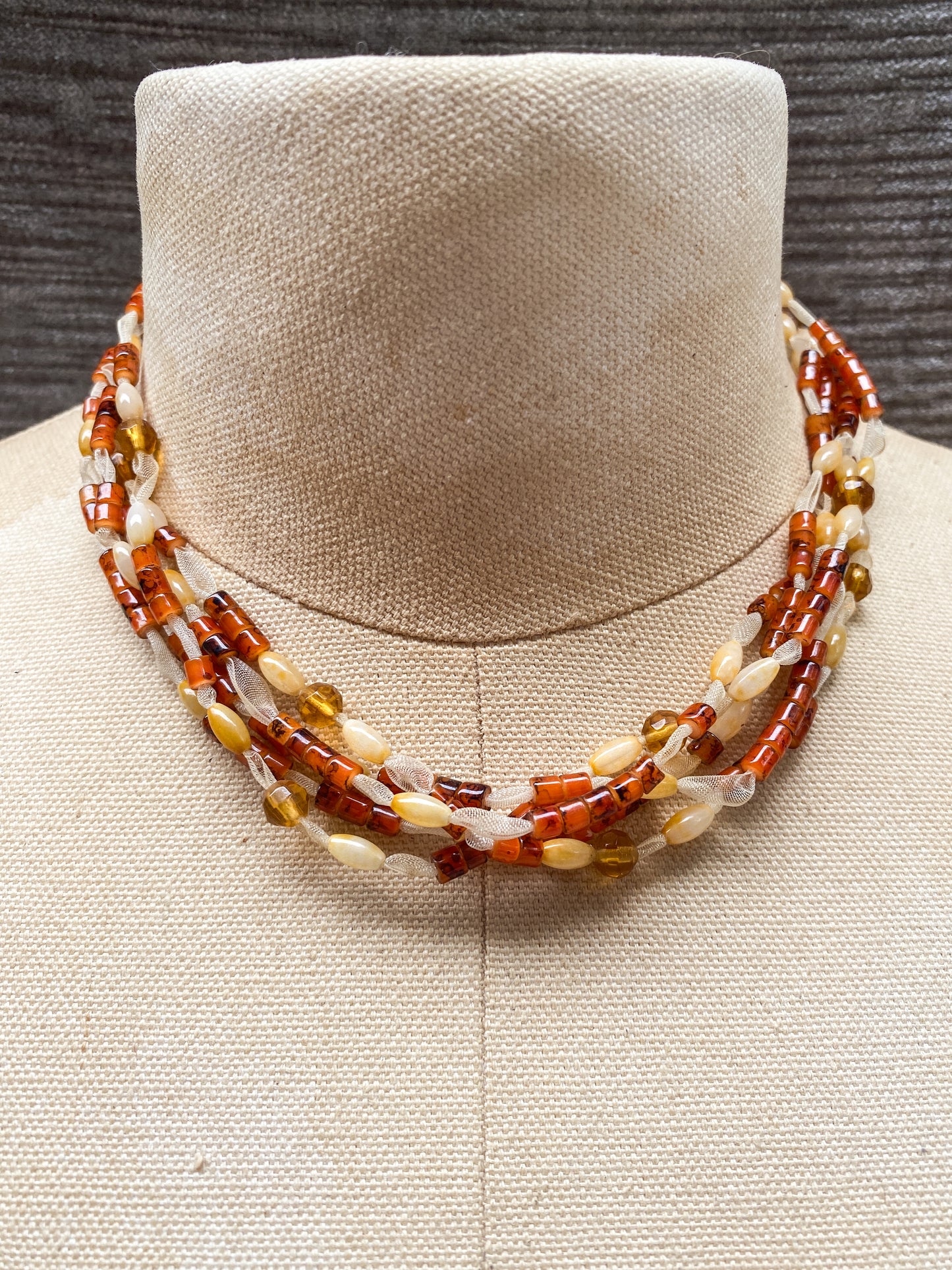 Amber Colored Multi Strand Bead Necklace, with Ribbon Accent - Vintage Style Retro Costume Jewelry