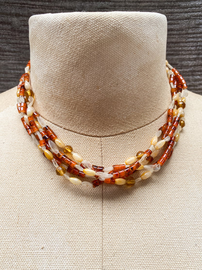 Amber Colored Multi Strand Bead Necklace, with Ribbon Accent - Vintage Style Retro Costume Jewelry