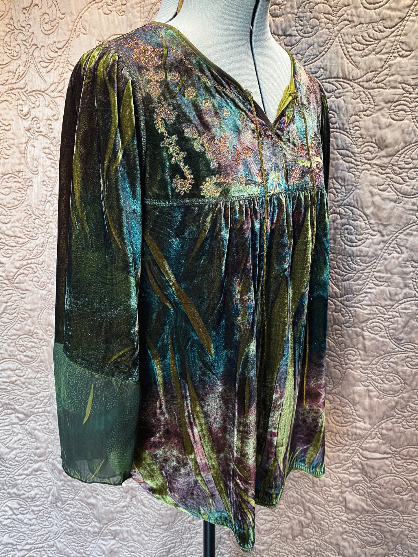 Green Multicolor One World Velvet Tunic - Boho, Hippie, Renaissance Faire, Peasant Shirt -  Size 1X