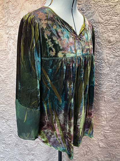Green Multicolor One World Velvet Tunic - Boho, Hippie, Renaissance Faire, Peasant Shirt -  Size 1X