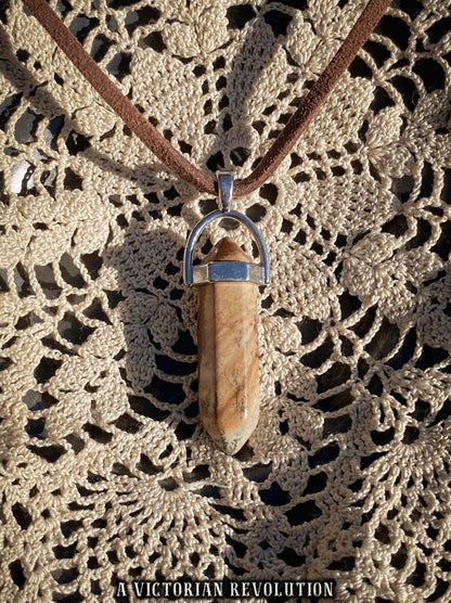 Picture Jasper - Pointed Hexagonal Pendant - Vegan Faux Suede Cord - Earthy Minimalist Style