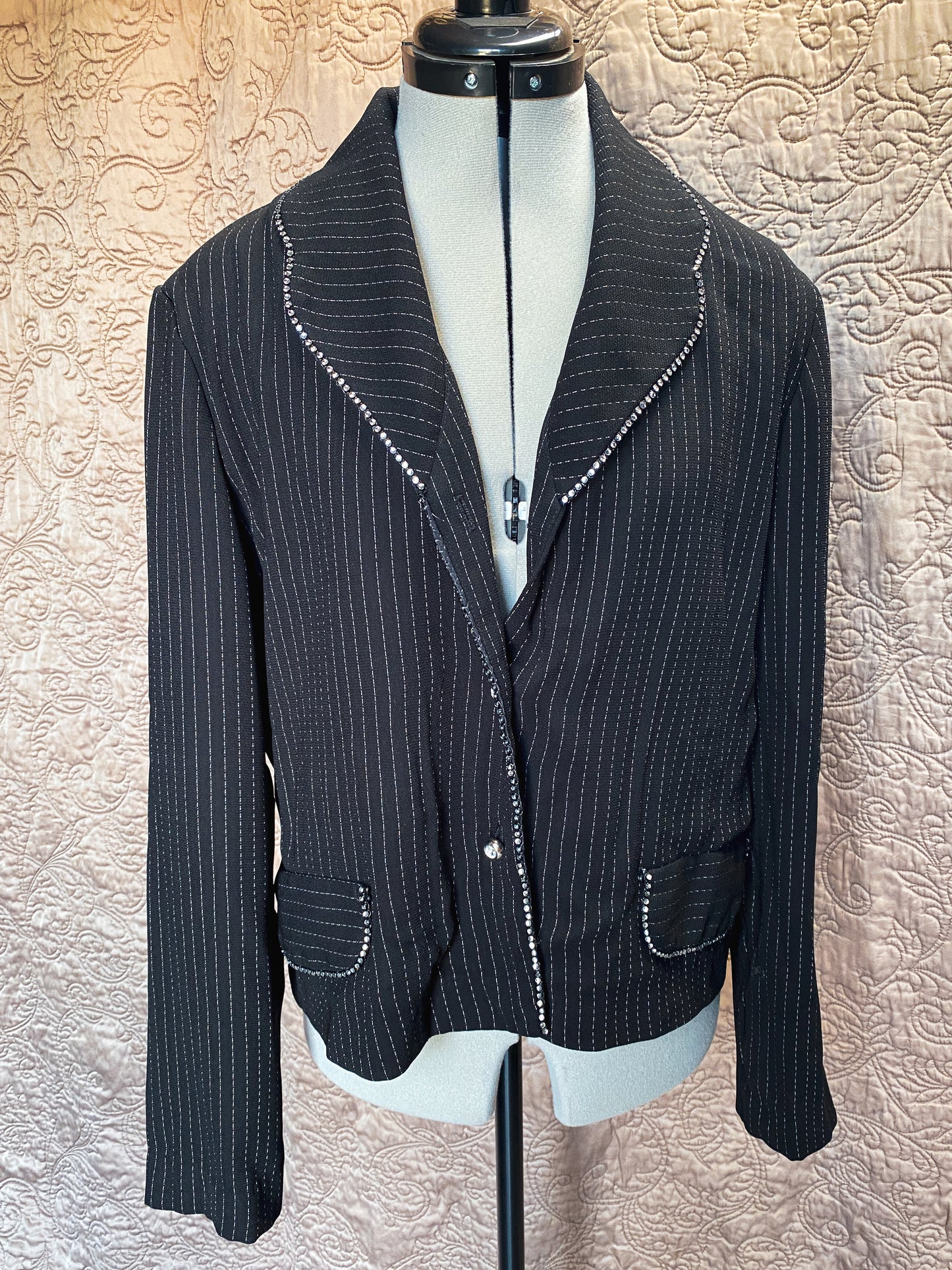 Black Pinstripe Rhinestone Trimmed Blazer - Embellished Jacket - Classic Style - Size 12