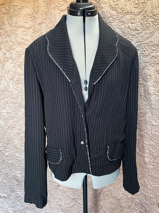 Black Pinstripe Rhinestone Trimmed Blazer - Embellished Jacket - Classic Style - Size 12