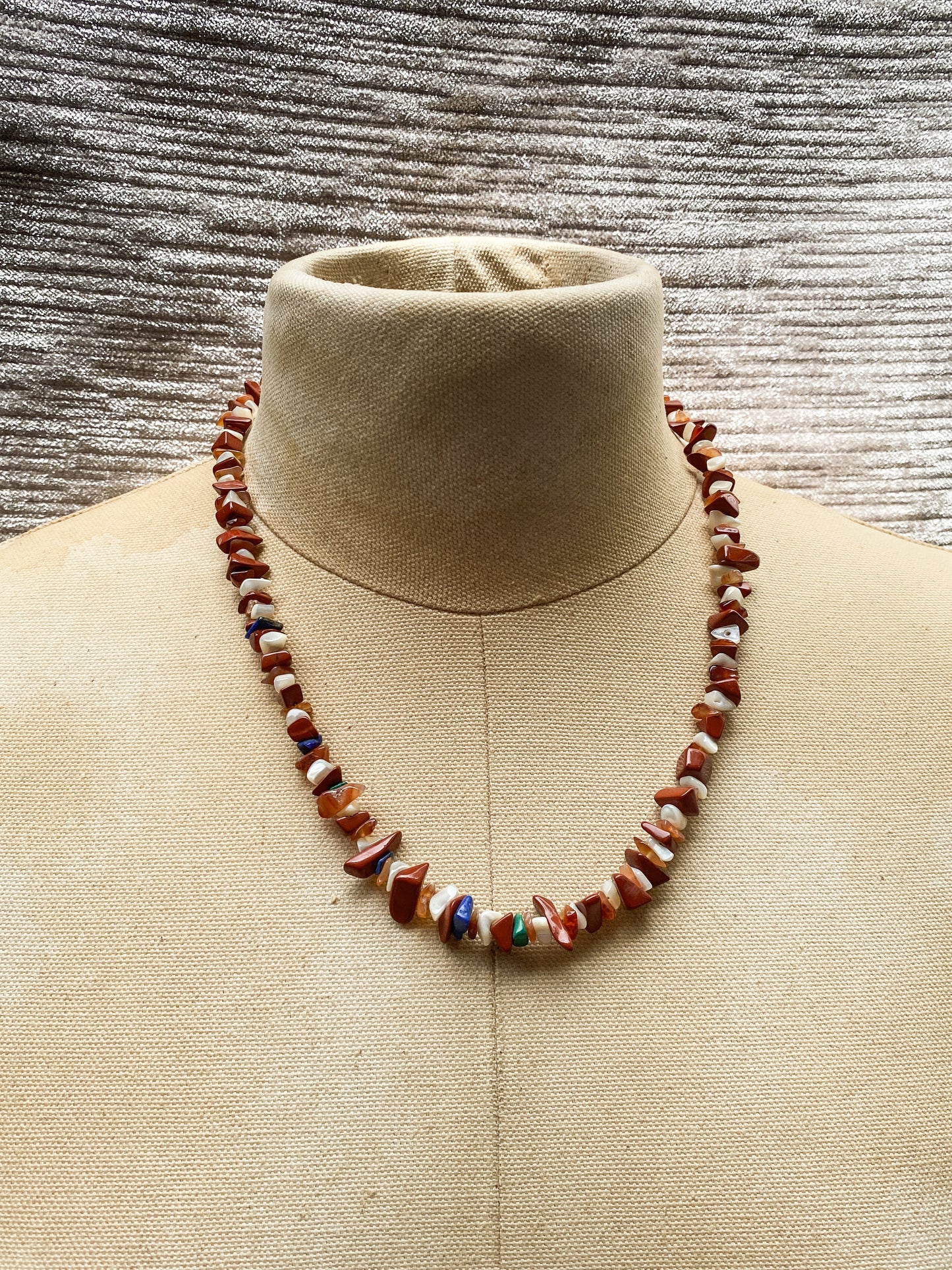 Vintage Red Jasper, Mother Of Pearl, Lapis Lazuli, Malachite and Carnelian Chip Necklace - Retro Style Natural Stone Jewelry