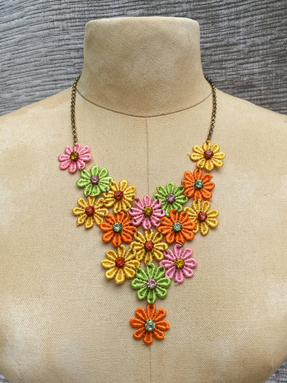 Multi-Color 60’s 70’s Hippie Necklace, Embroidered Daisy Bib Necklace, Retro Style, Pink Flower Earrings, Funky Floral Statement Jewelry Set