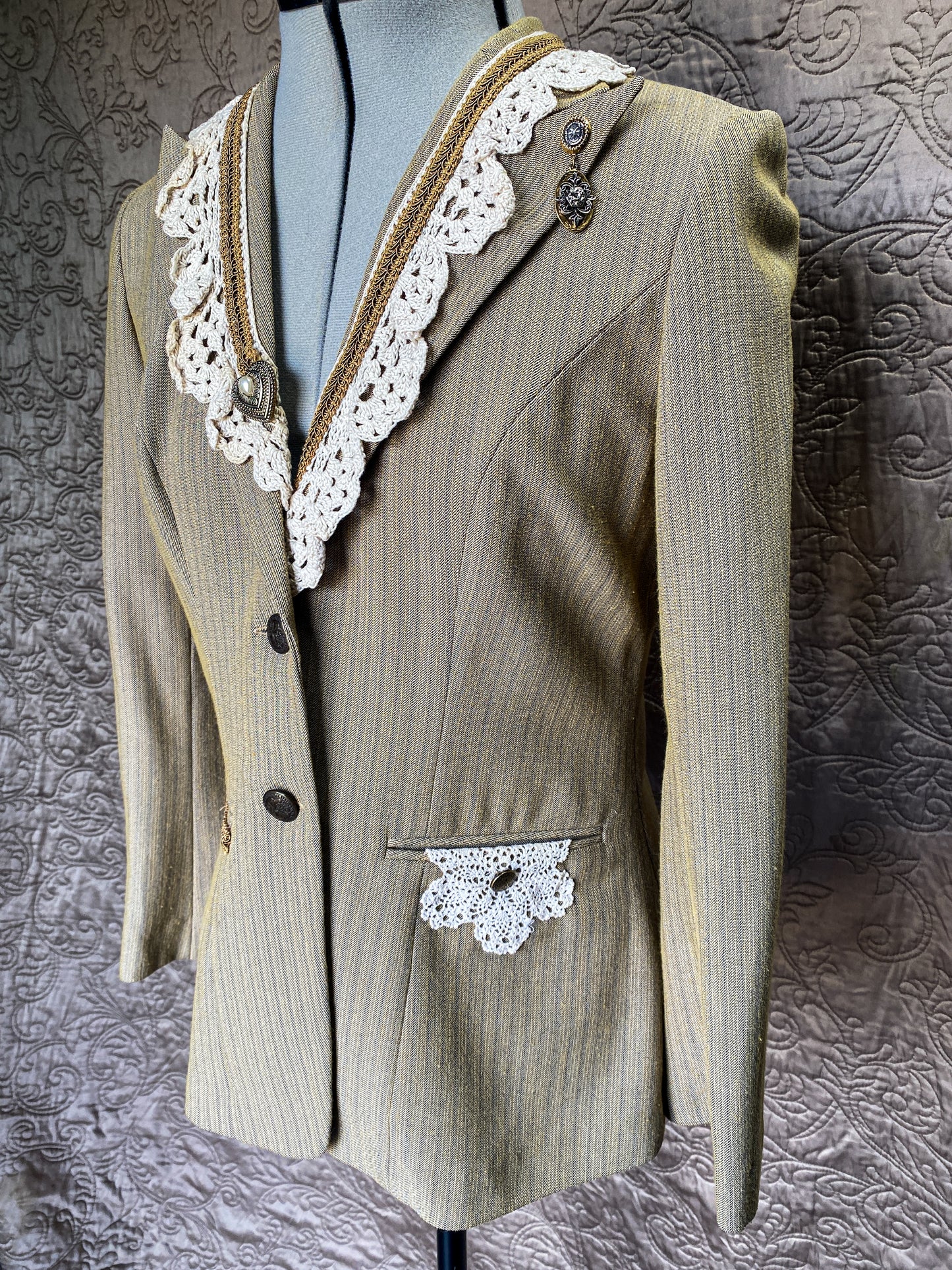 Tan Pinstripe Blazer - Handmade Upcycled Crochet Lace Victorian Steampunk Jacket - Size Small