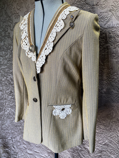 Tan Pinstripe Blazer - Handmade Upcycled Crochet Lace Victorian Steampunk Jacket - Size Small