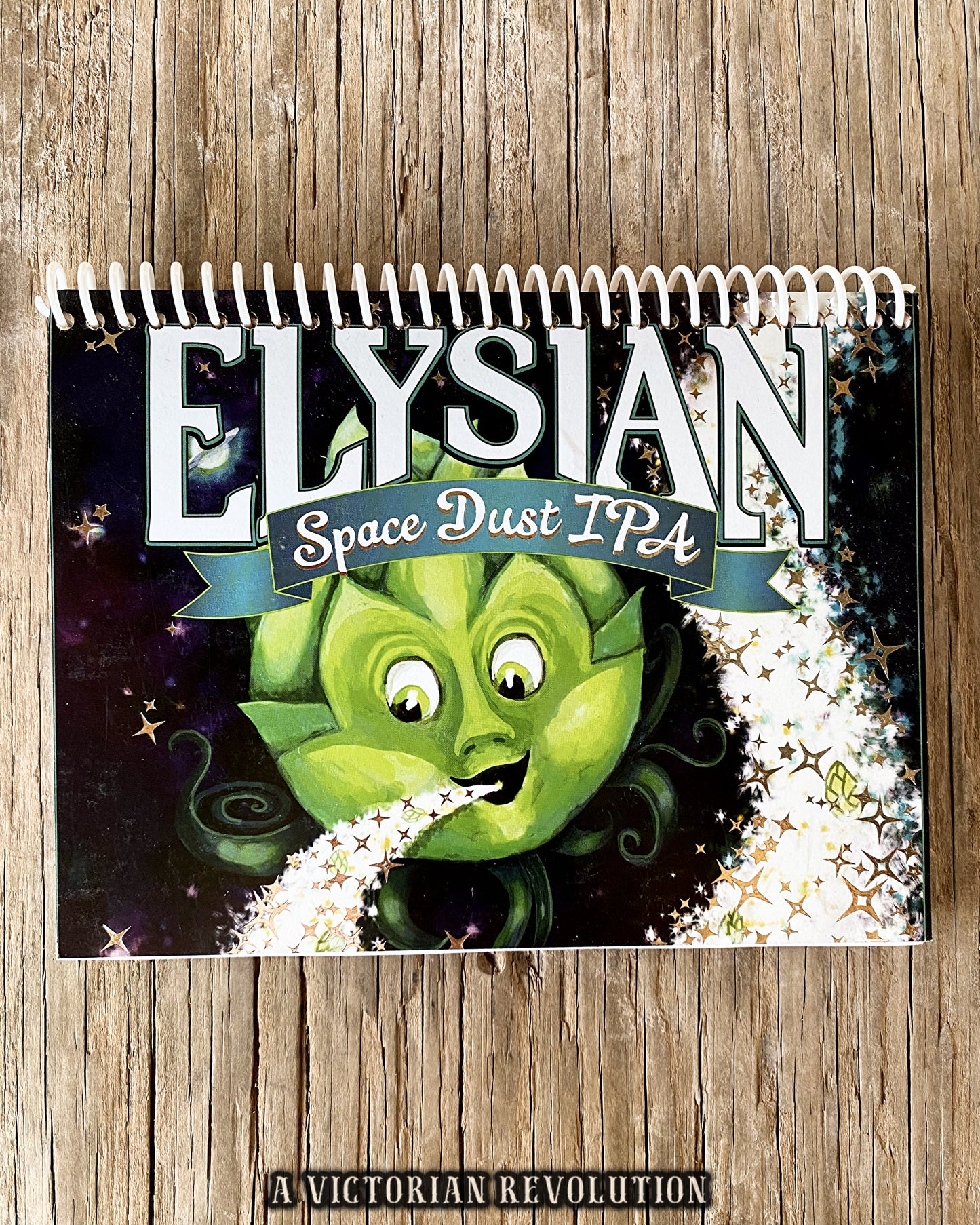 Handmade Upcycled Elysian Space Dust IPA Beer Box Spiral Notebook Journal – Recycled Craft Beer Label Stationery – Unique Gift for Beer Lovers and Homebrewers – Eco-Friendly