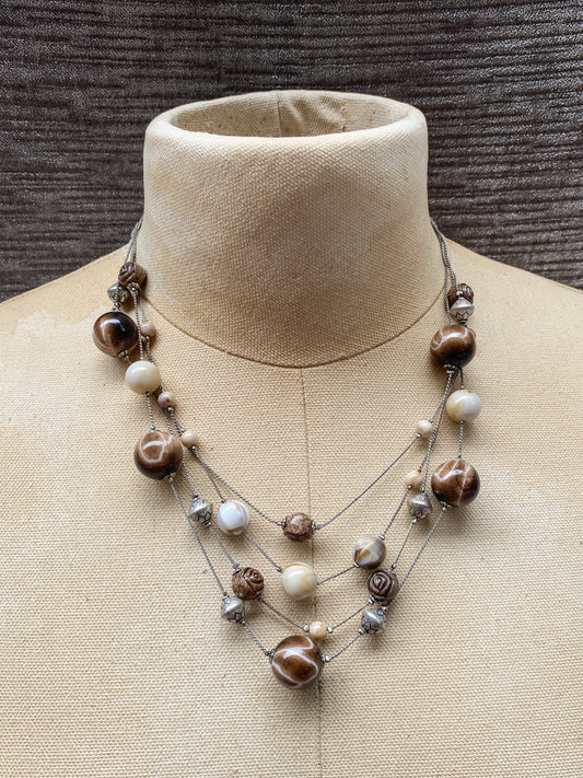 Earthy Chocolate Brown And Cream Multi Strand Layered - Retro New York And Company Necklace