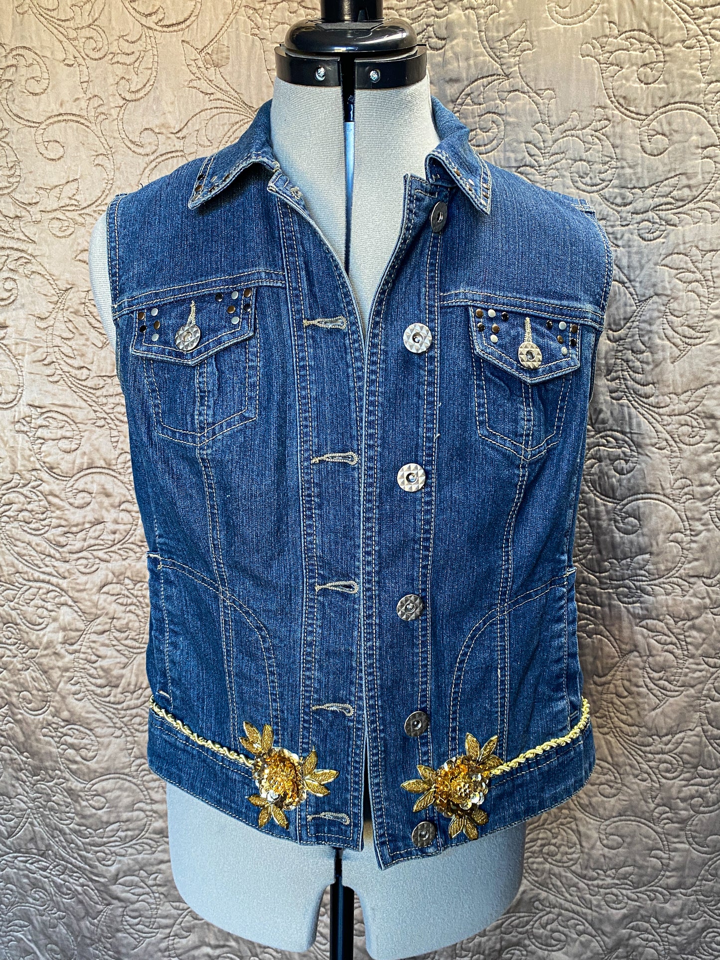 Upcycled Denim Vest with Gold Sequin Floral Applique - Glam Boho, Size Small,