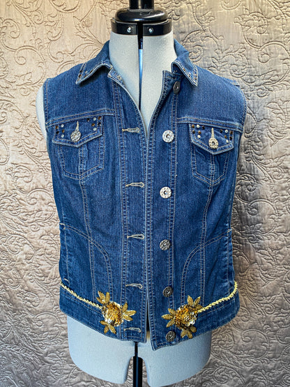 Upcycled Denim Vest with Gold Sequin Floral Applique - Glam Boho, Size Small,