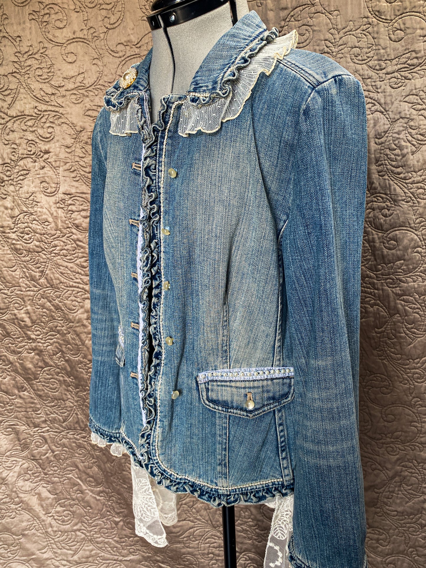 Denim and Lace Upcycled Victorian Jacket -MEDIUM