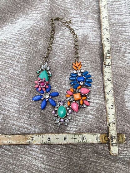 Awesome Colorful Vintage Floral Statement Bib Necklace - Teal, Blue, Pink, And Orange Resin - Eclectic Festival Retro Style