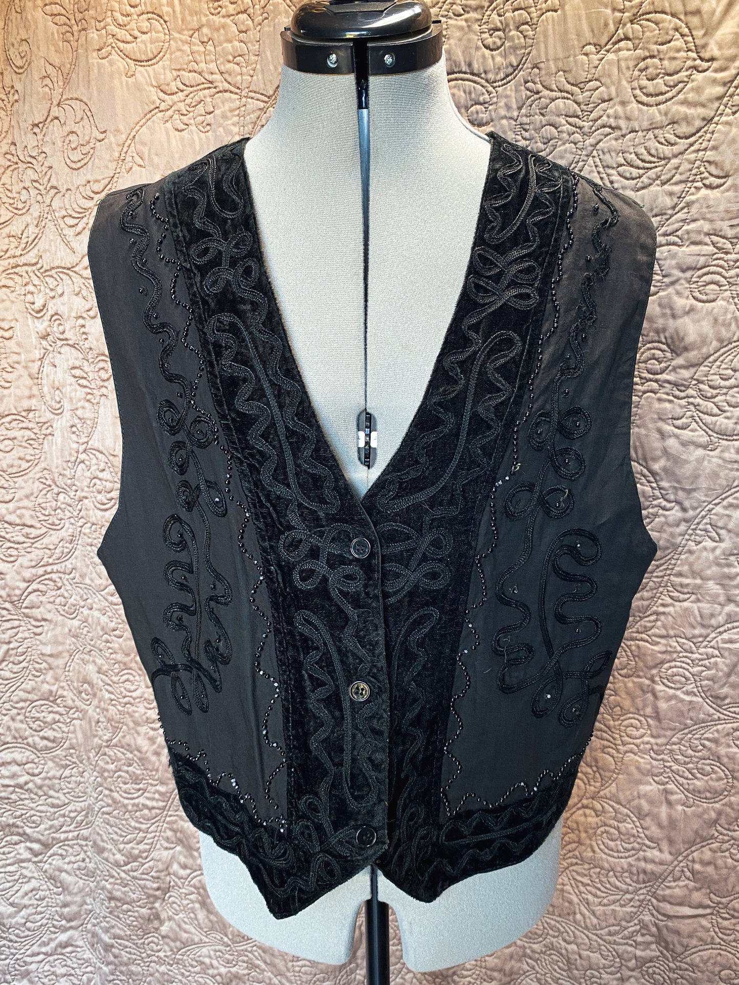 Black Beaded + Embroidered Vest - Button Front, Boho Style - Textured Vintage Vest - Small