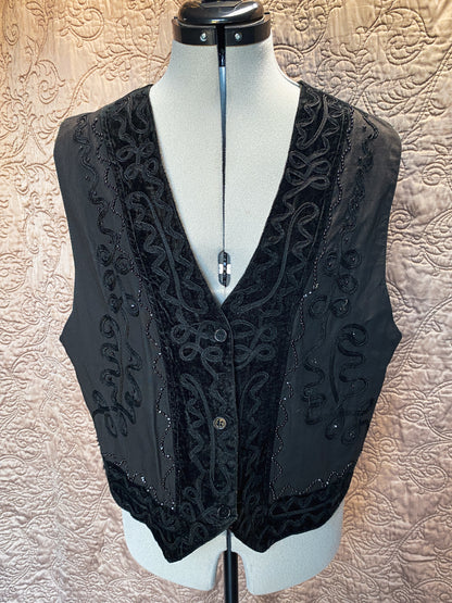 Black Beaded + Embroidered Vest - Button Front, Boho Style - Textured Vintage Vest - Small