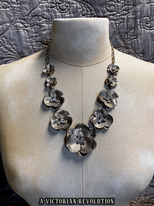1950s Vintage Silver Tone Floral Bib Necklace - Textured Layered Petals & Rhinestone Centers - Mid Century Costume Jewelry