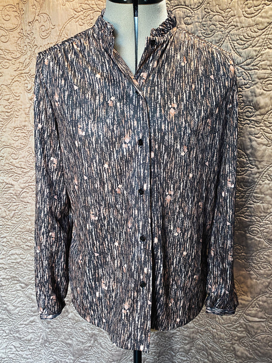 Quirky Retro/Vintage Bronze and Black Abstract Print Button Down Blouse - Ruffled Collar - Long Sleeve Shirt - Size Medium
