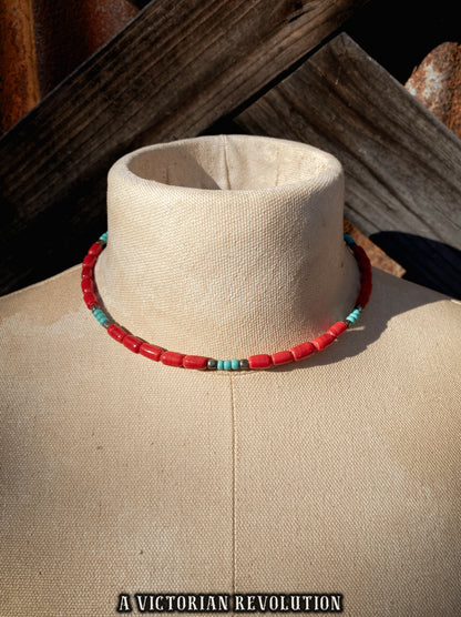 Red and Turquoise Beaded Choker Necklace - Retro