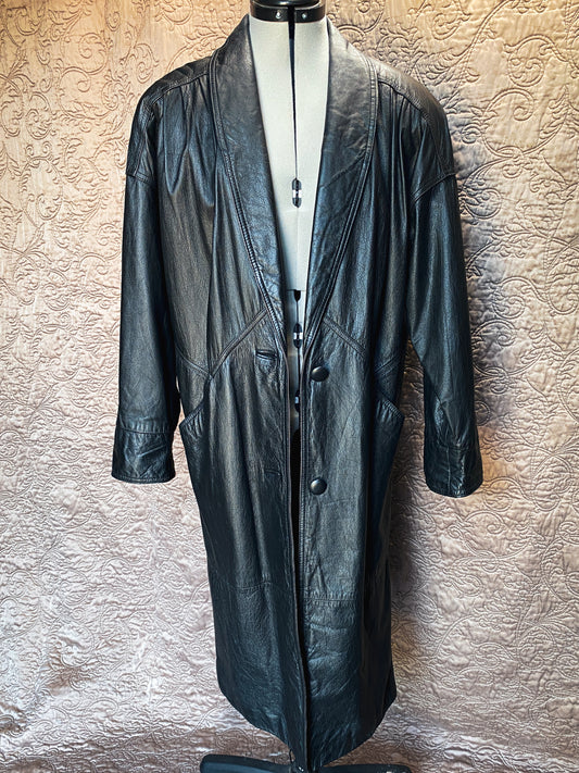 Vintage 80s Retro Black Jacqueline Ferrar Genuine Leather Trench Coat- Retro Pleated Shoulders, Pockets- Long Oversized Duster