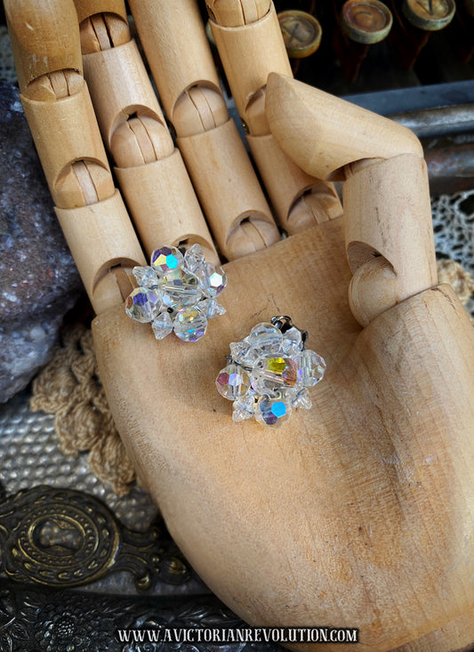Iridescent Aurora Borealis Plastic Bead Cluster Clip On Earrings - 1950s-1960s Vintage - Lightweight Faceted Resin