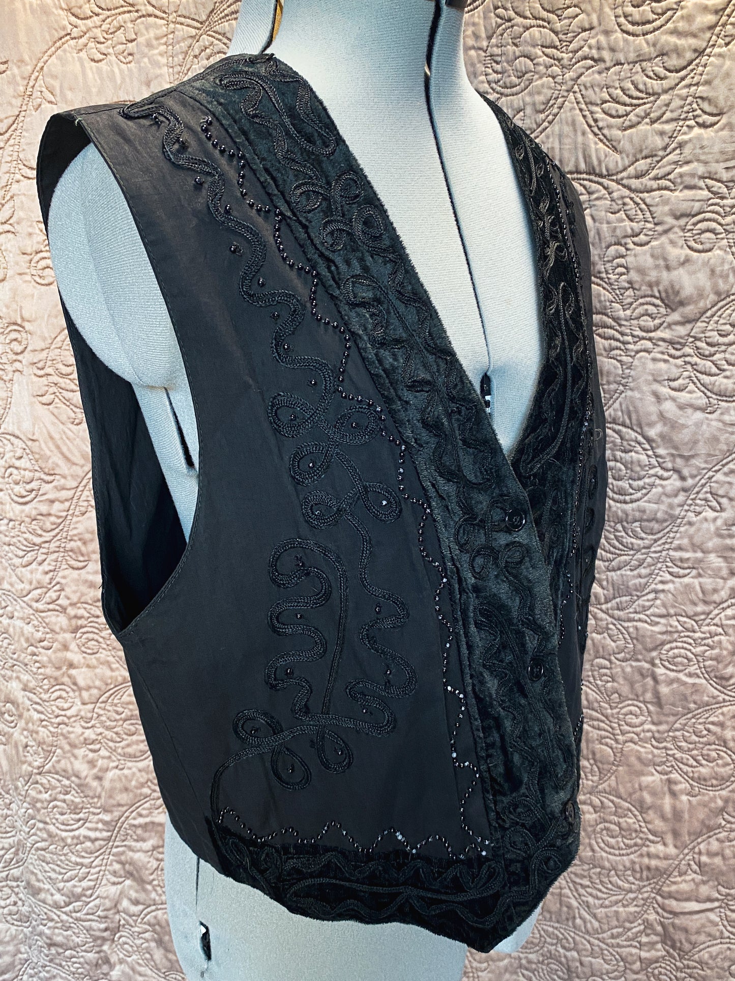 Black Beaded + Embroidered Vest - Button Front, Boho Style - Textured Vintage Vest - Small