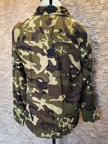 Green and Brown Reversible Zip-Up Johnny Was Jacket - Camo + Floral Embroidered Sleeve Shirt - Size Medium