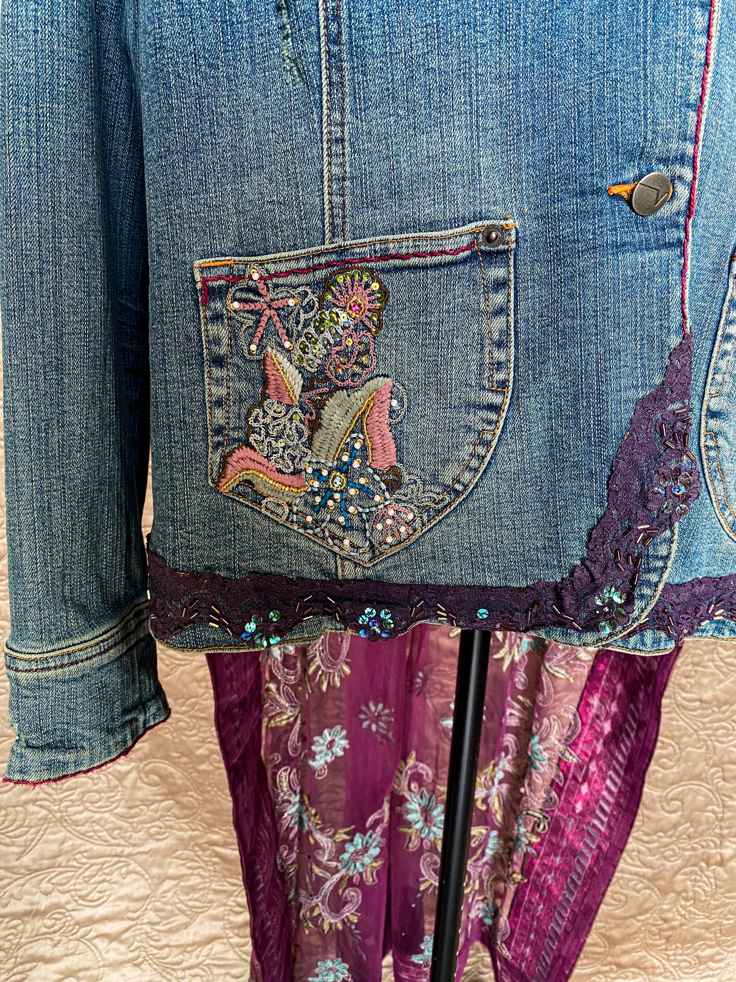 Blue + Purple Upcycled Denim Jacket with Sheer Embroidered Skirt - Boho Chic Artisan Wear - Plus Size 18/20 - Embellished - One-of-a-Kind - Floral Embroidery + Lace Trim