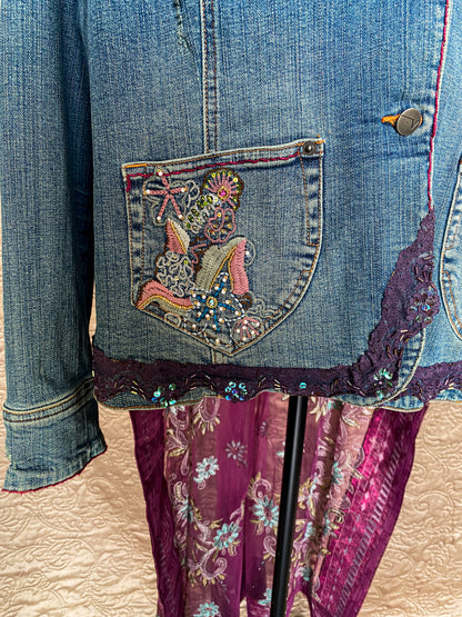 Blue + Purple Upcycled Denim Jacket with Sheer Embroidered Skirt - Boho Chic Artisan Wear - Plus Size 18/20 - Embellished - One-of-a-Kind - Floral Embroidery + Lace Trim