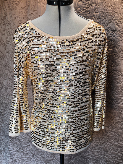 Gold Sequin Boston Proper Knit Top - Glam Holiday Disco Sweater - New - XS