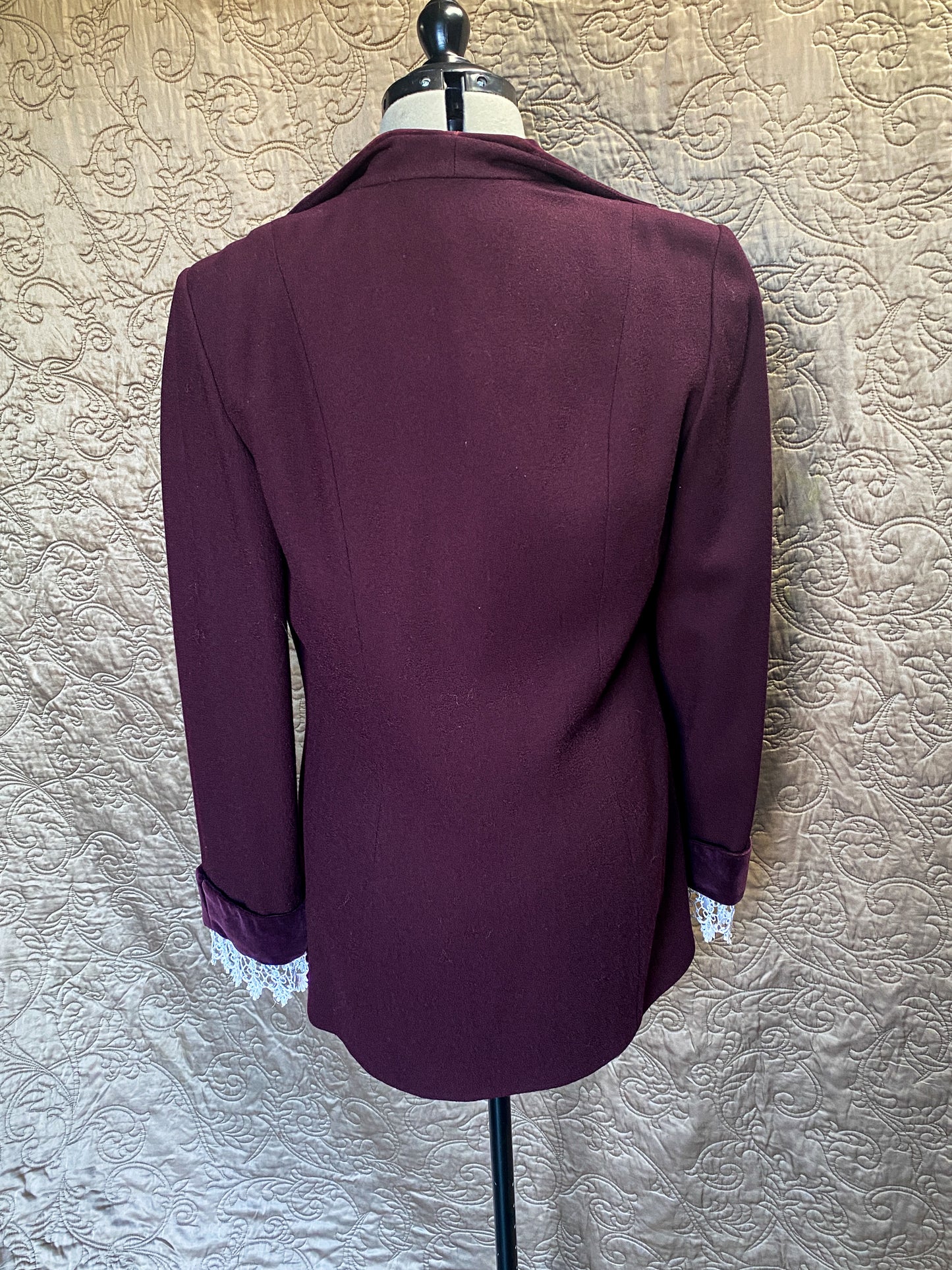 Eggplant Purple - Wool Blazer - Upcycled Victorian Style - Large - Vintage Lace + Velvet Trim - Romantic Academia Style