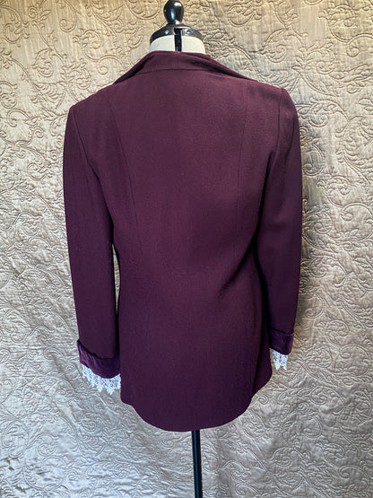 Eggplant Purple - Wool Blazer - Upcycled Victorian Style - Large - Vintage Lace + Velvet Trim - Romantic Academia Style