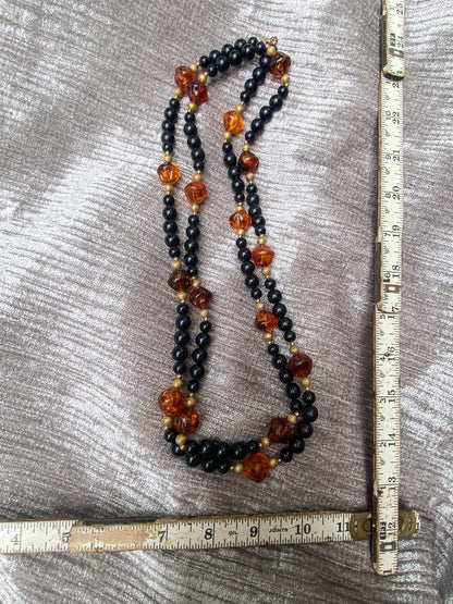 Vintage Long Amber And Black Bead Necklace, Retro Style Layering Strand, Gold Tone Metal Accents