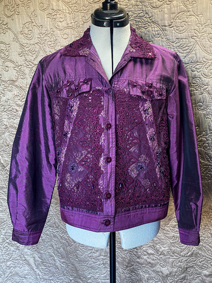 Purple Jacket - Beaded Lace - Size PM - Coldwater Creek - Vintage Silk - Embellished