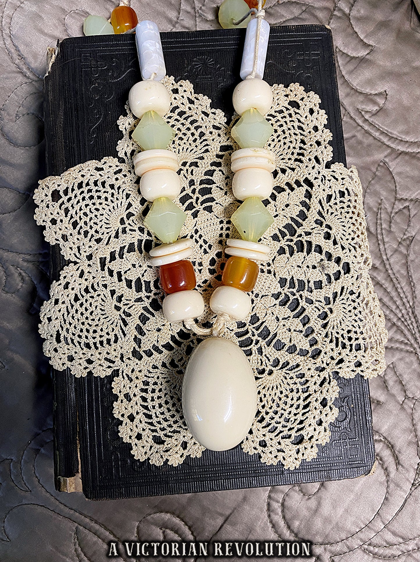 Vintage 1970s Art Deco Revival Knotted Bead Necklace with Cream Amber + Green Beads