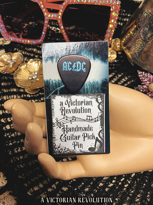 AC/DC Handmade Guitar Pick Pin - Upcycled Rock & Roll Accessory - Custom Hand-Crafted Music Jewelry - Genuine Guitar Pick Brooch