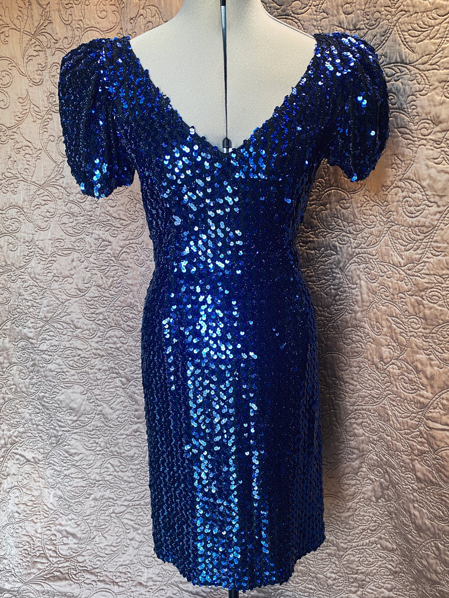 Royal Blue Sequin Mini Prom Dress - Puff Sleeve V-Neck - Retro/Vintage Party Dress - Small