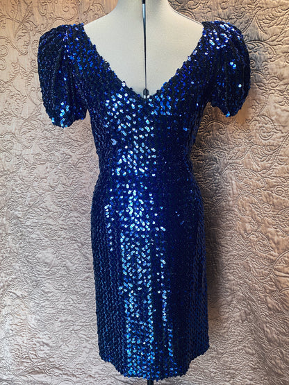 Royal Blue Sequin Mini Prom Dress - Puff Sleeve V-Neck - Retro/Vintage Party Dress - Small