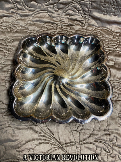 Vintage Silver Plated Footed Serving Dish with Spiral Flute Design - Sheffield Reproduction with Patina
