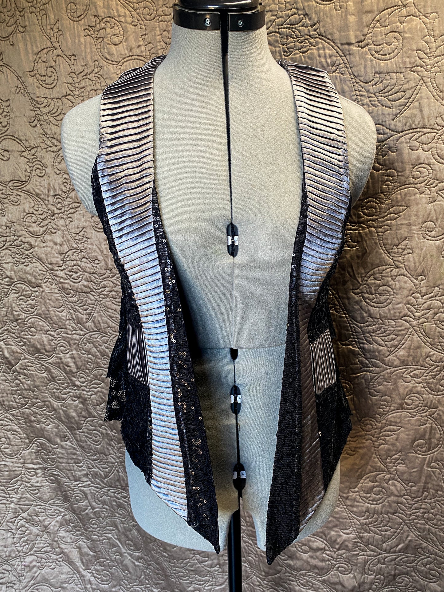 Black and Silver Open Front Peplum Vest - Steampunk - Lace, Sequin + Ruffle - Medium