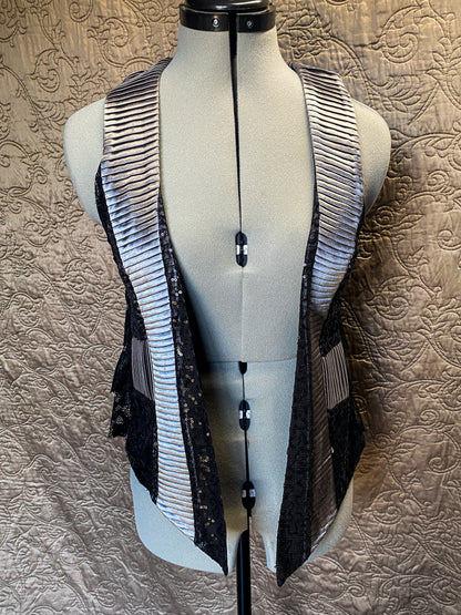 Black and Silver Open Front Peplum Vest - Steampunk - Lace, Sequin + Ruffle - Medium