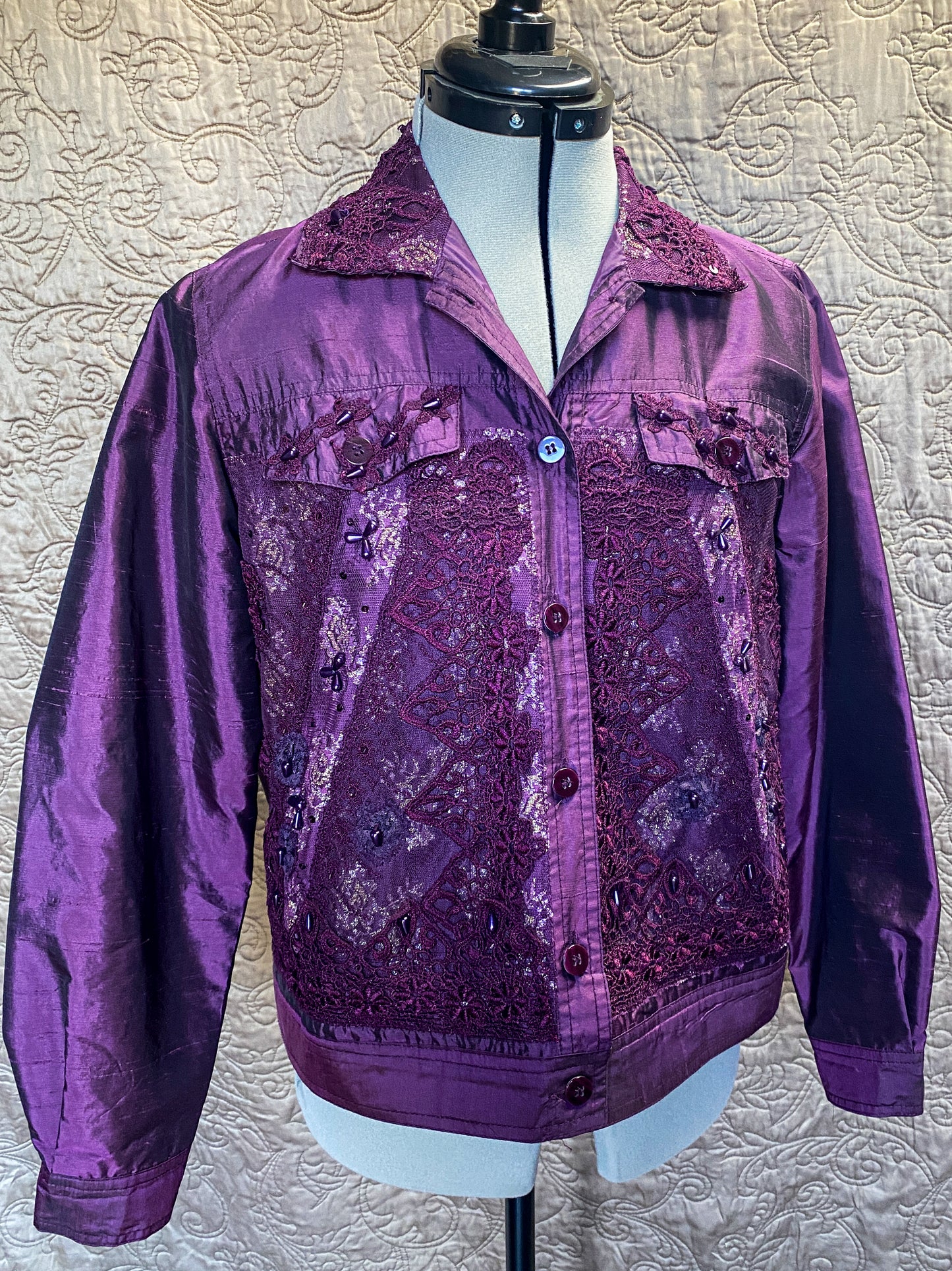Purple Jacket - Beaded Lace - Size PM - Coldwater Creek - Vintage Silk - Embellished