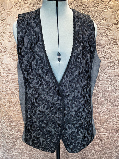 Modern Black and Grey Button Up Vest - Embroidered, Textured Sleeveless Jacket - Chico's Size 2