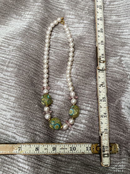 Vintage Faux Pearl Necklace - Funky 1980s Style - Chunky Blue Floral Beads - Retro Pink Spacers - Quirky Romantic Statement Jewelry