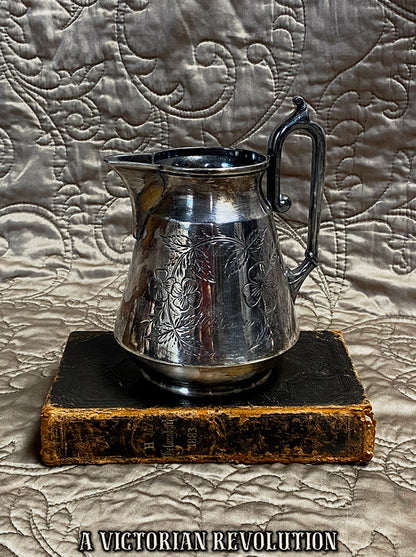 Antique Victorian Silver Plate Creamer with Floral Etching and Engraving - 1880’s Aesthetic Movement Farmhouse Decor