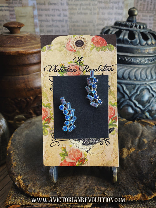 Blue Sparkle Climber Earrings - Silver Tone - Mid-Century - Vintage - Blue Rhinestone Baguette and Round Cut