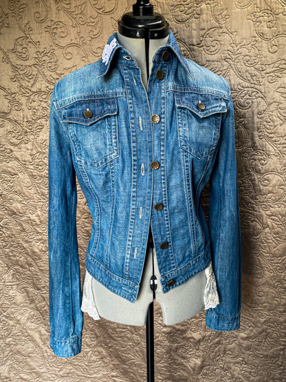 Denim Upcycled Jacket with Lace Trim - Boho Shabby Chic - Size Small - Vintage Style - Cropped Fit - Hand Embellished
