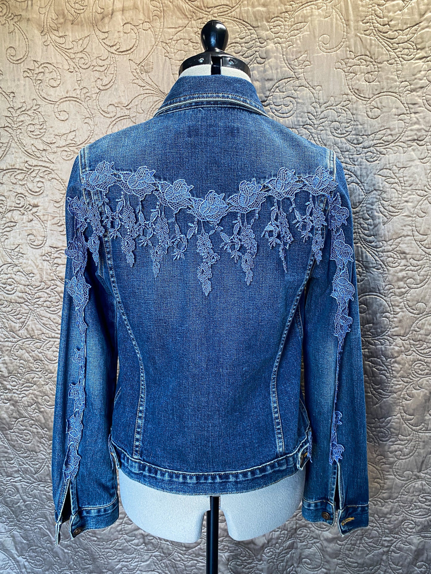 Upcycled Denim Jacket, Boho Style with Lace Appliqué - Floral Lace Embellishments - Sustainable Fashion - One of a Kind Jean Jacket - Size Small